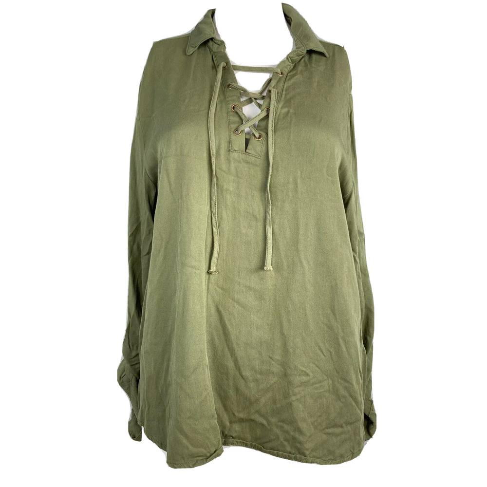 Harper Shirt Women Sz M Army Camo Green Collared Pullover Laced Tunic Tab Sleeve